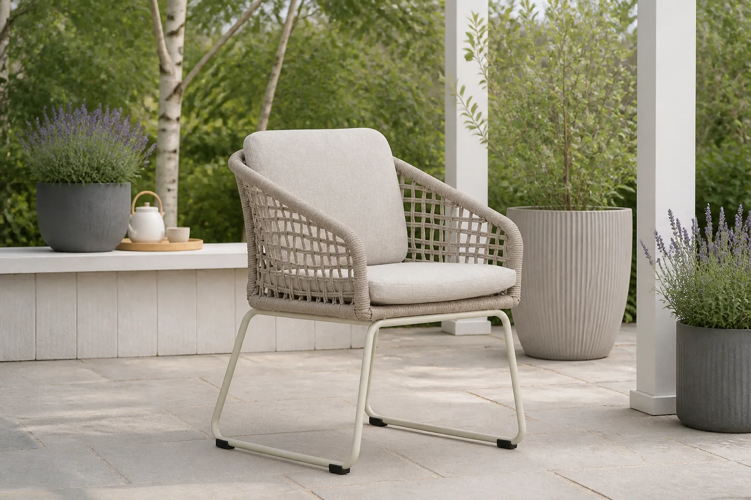 Sfeerfoto van BUITEN living Tulum dining tuinstoel | touw + aluminium | Almond Beige
