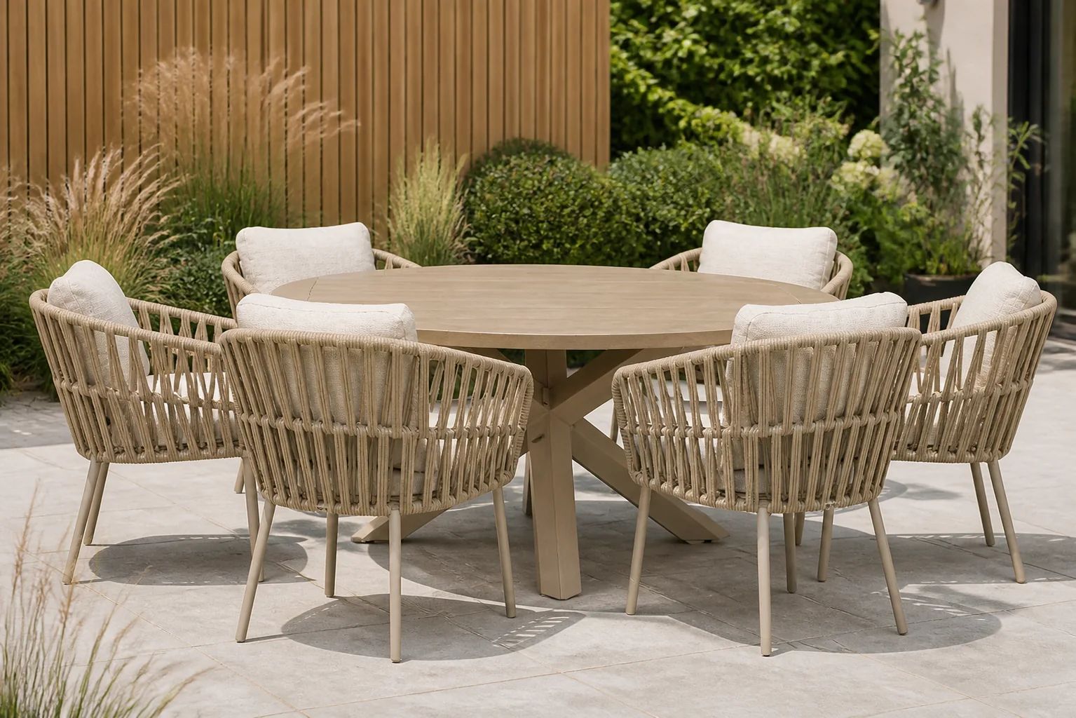 Sfeerfoto van Coco Elara/Rockville 160 cm dining tuinset 7-delig – Zand/Beige