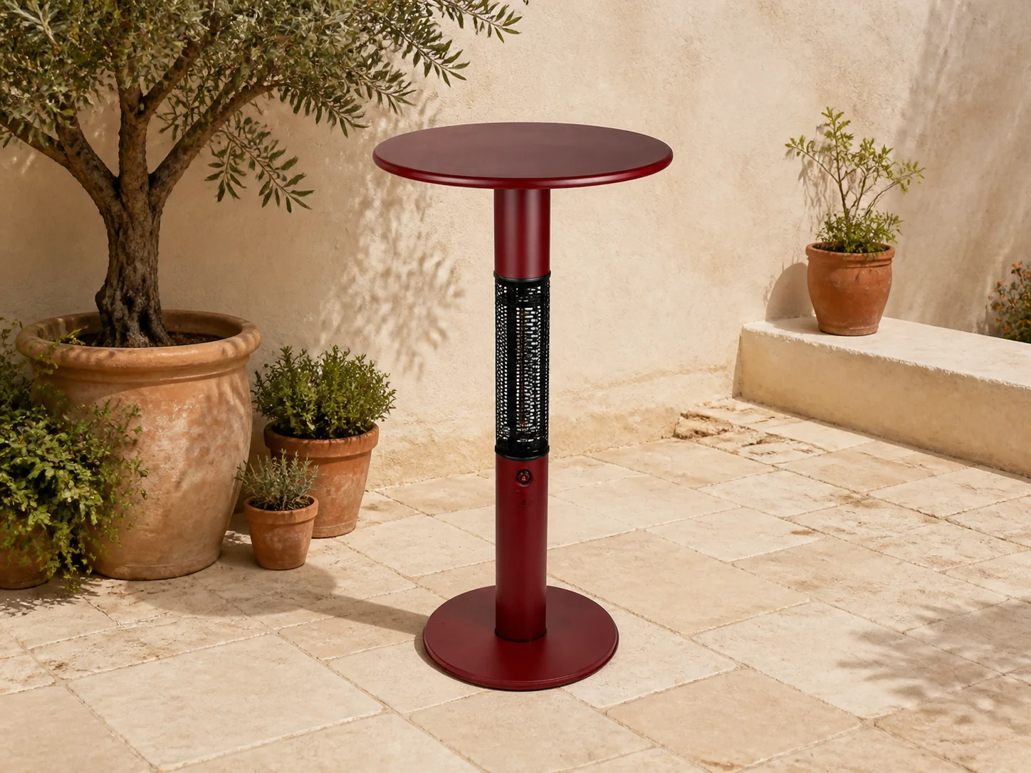 Sfeerfoto van Monti HeatLine + 15% kassakorting | Vibe bartafel met terrasverwarmer 1500W ø60cm (h: 110cm) – Rood