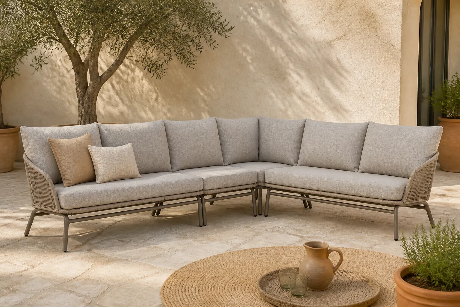 Sfeerfoto van Coco Livo hoek loungeset 4-delig – Taupe-naturel-bruin