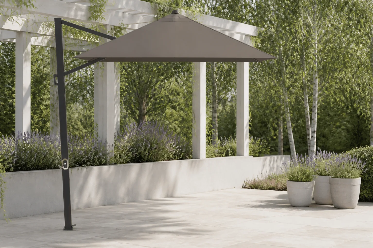 Sfeerfoto van Camello Luna zweefparasol 3×3.5m S2 Excellent (excl. voet) – Taupe-naturel-bruin
