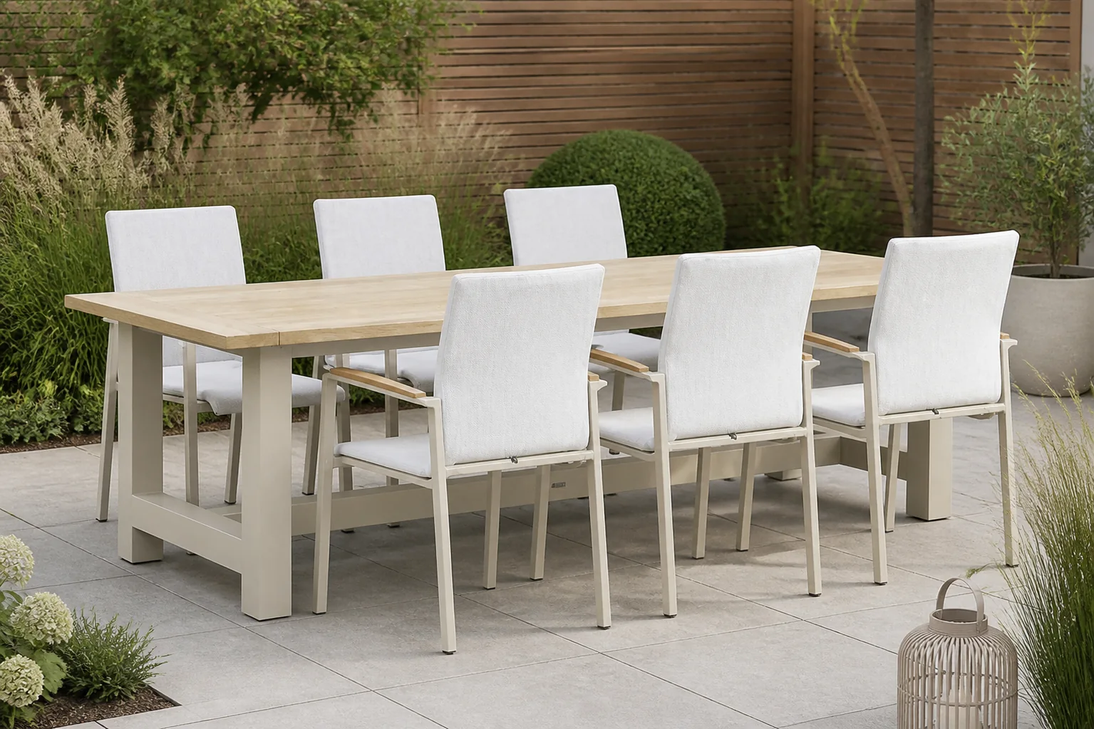 Sfeerfoto van Lifestyle Garden Furniture Brandon/San Francisco 260 cm dining tuinset 7-delig – Taupe-naturel-bruin