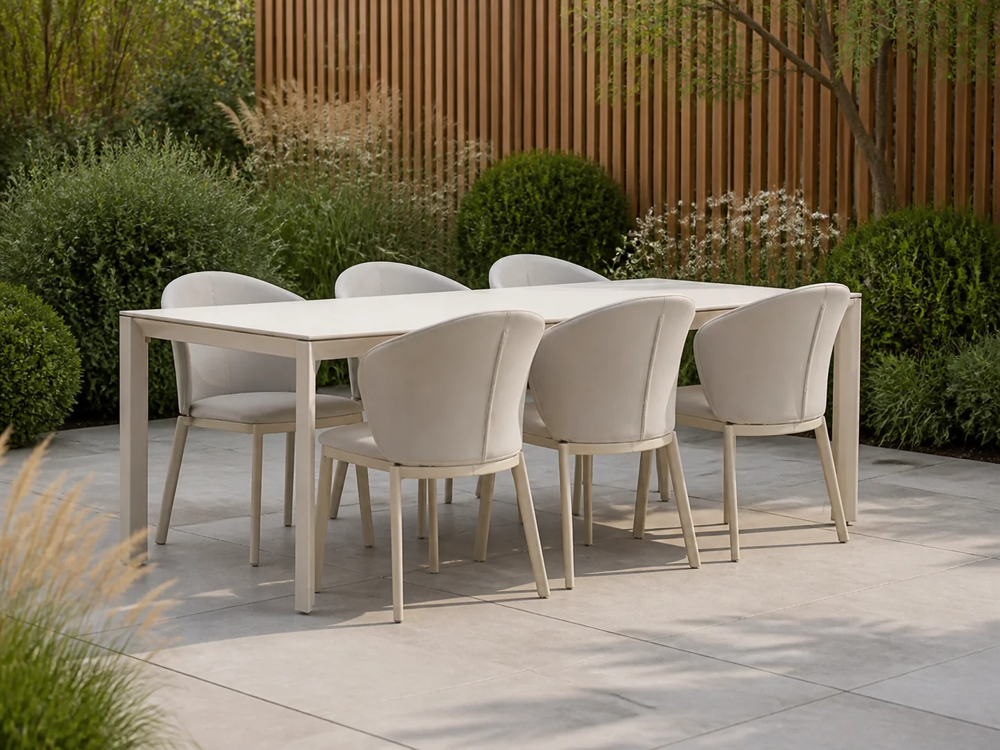 Sfeerfoto van Bellagio tuinmeubelen San Lupo/Sestino 220cm dining tuinset 7-delig – Taupe