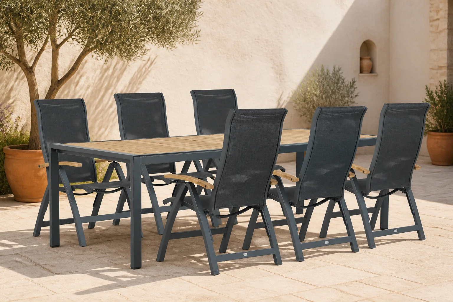 Sfeerfoto van Lifestyle Garden Furniture Presto Tarenta/Valence 240 cm dining tuinset 7-delig – Grijs-antraciet