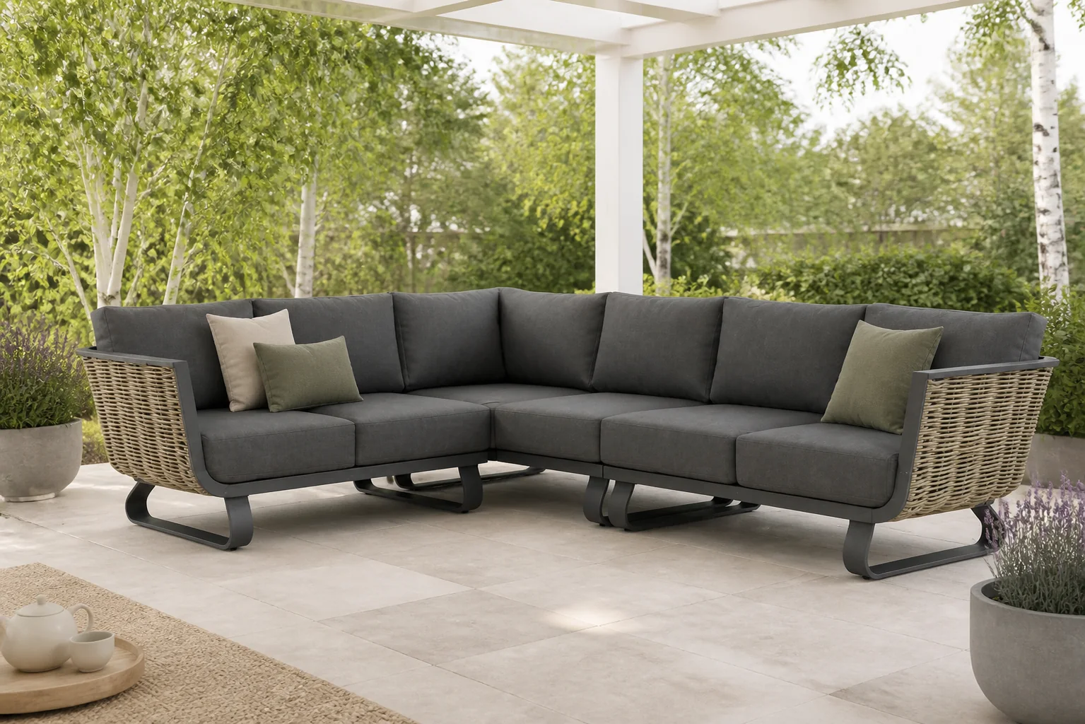 Sfeerfoto van Santika Furniture Tika hoek loungeset 4-delig – Grijs-antraciet
