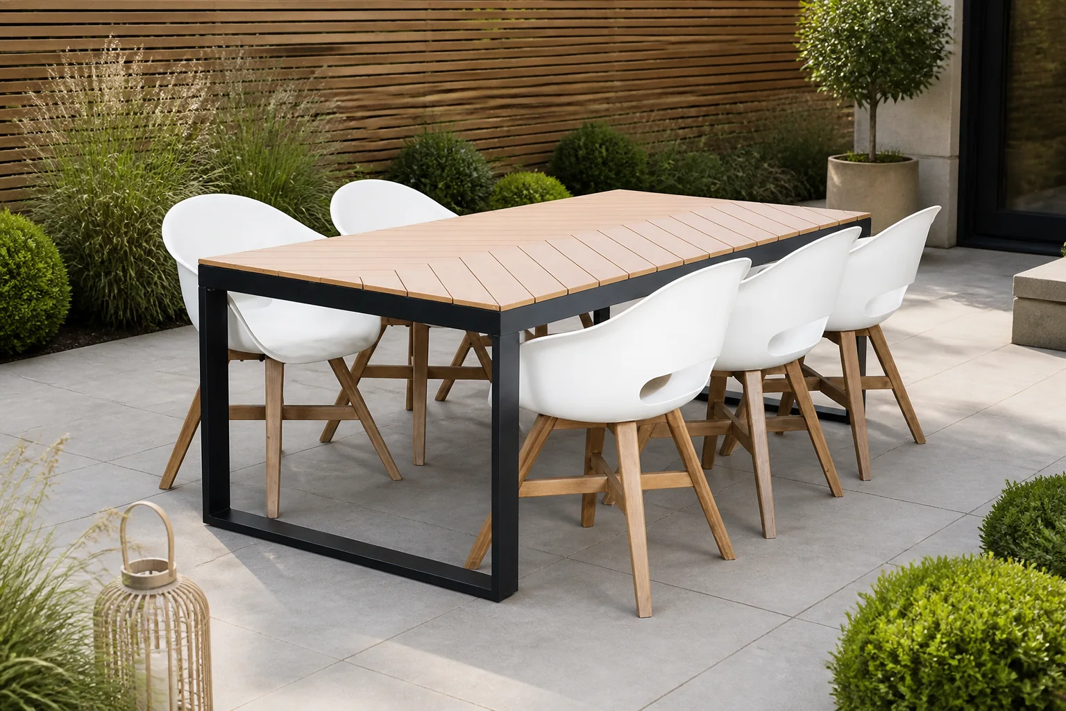 Sfeerfoto van LUX outdoor living Kampa Natural/Karlstad wit dining tuinset | 6 personen | polywood + kunststof | 210cm – Taupe – Naturel – Bruin, Wit