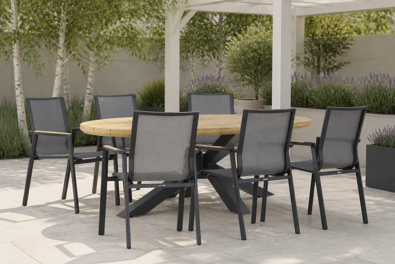 Sfeerfoto van Lifestyle Garden Furniture Fiora/Diogo 240 cm dining tuinset 7-delig – Grijs-antraciet