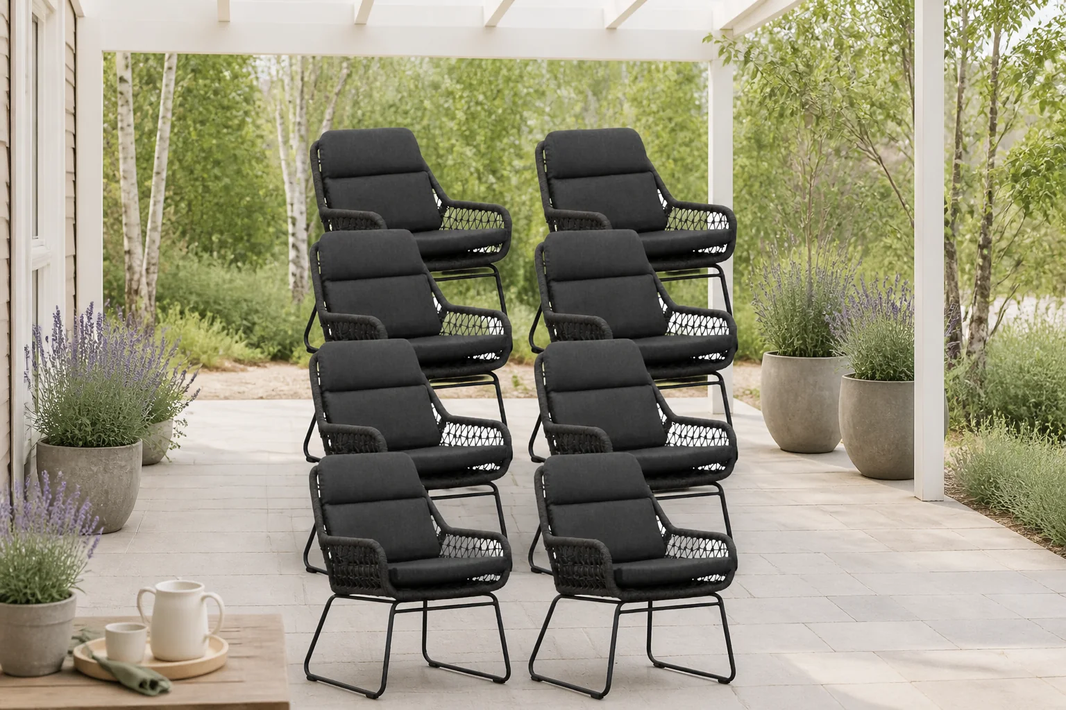 Sfeerfoto van BUITEN living Valencia dining tuinstoel set van 8 | touw + aluminium | Lava Grey – Antraciet