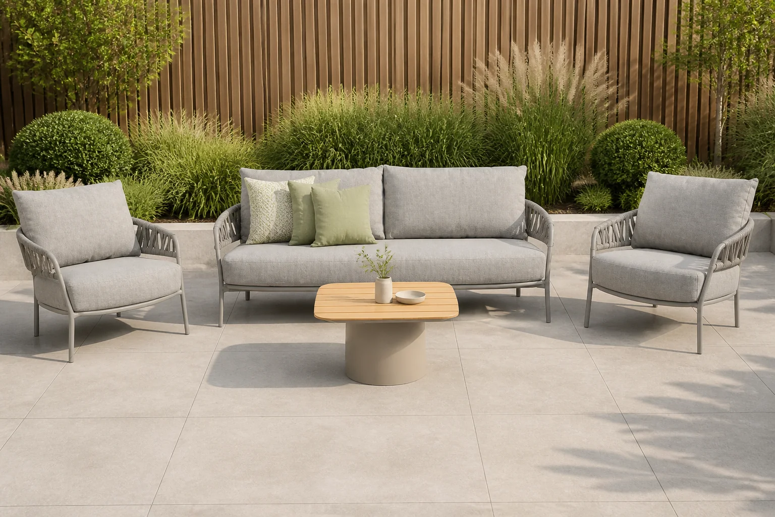 Sfeerfoto van 4 Seasons Outdoor Calma/Ronda 70×70 cm stoel-bank loungeset 4-delig – Taupe-naturel-bruin