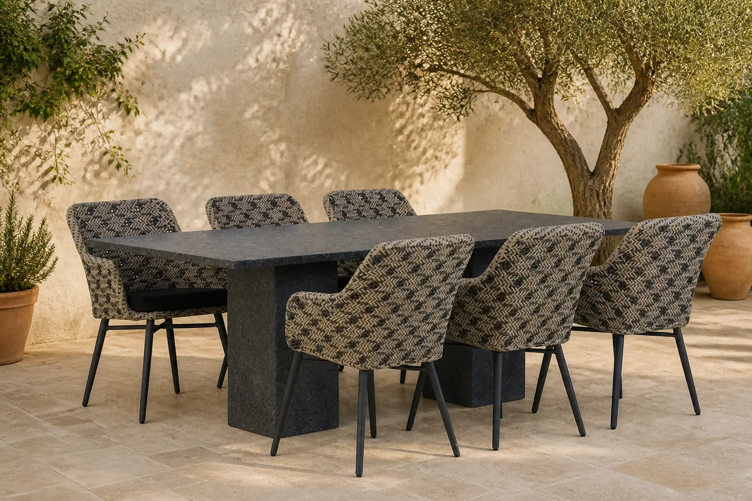 Sfeerfoto van Lifestyle Garden Furniture Crossway/Graniet 220 cm dining tuinset 7-delig – Zwart-wit