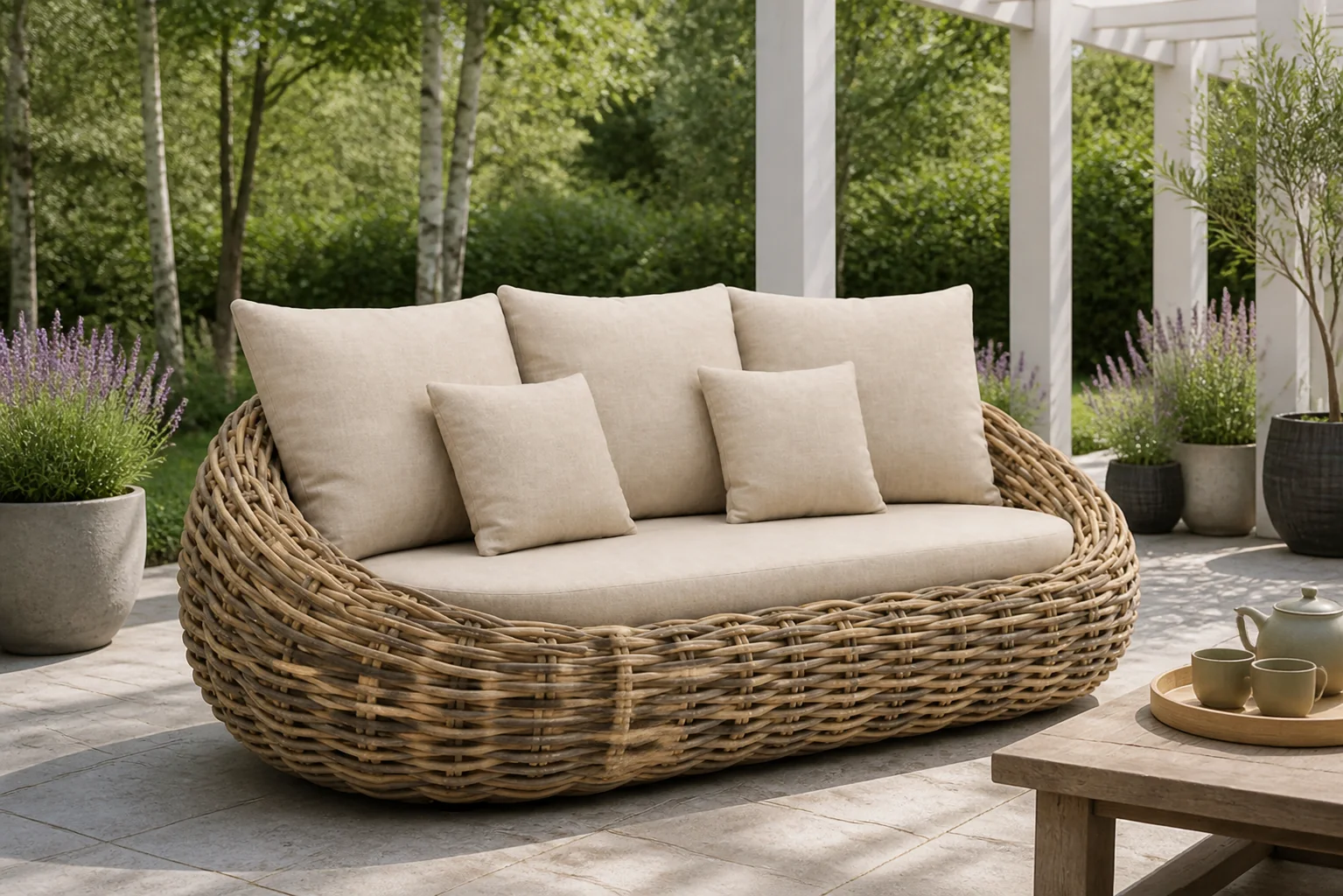 Sfeerfoto van Apple Bee Cocoon lounge tuinbank 3-zits – Zand/Beige