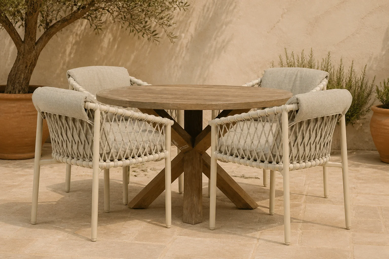 Sfeerfoto van 4 Seasons Outdoor Allora/Sand City 120 cm dining tuinset 5-delig – Taupe-naturel-bruin