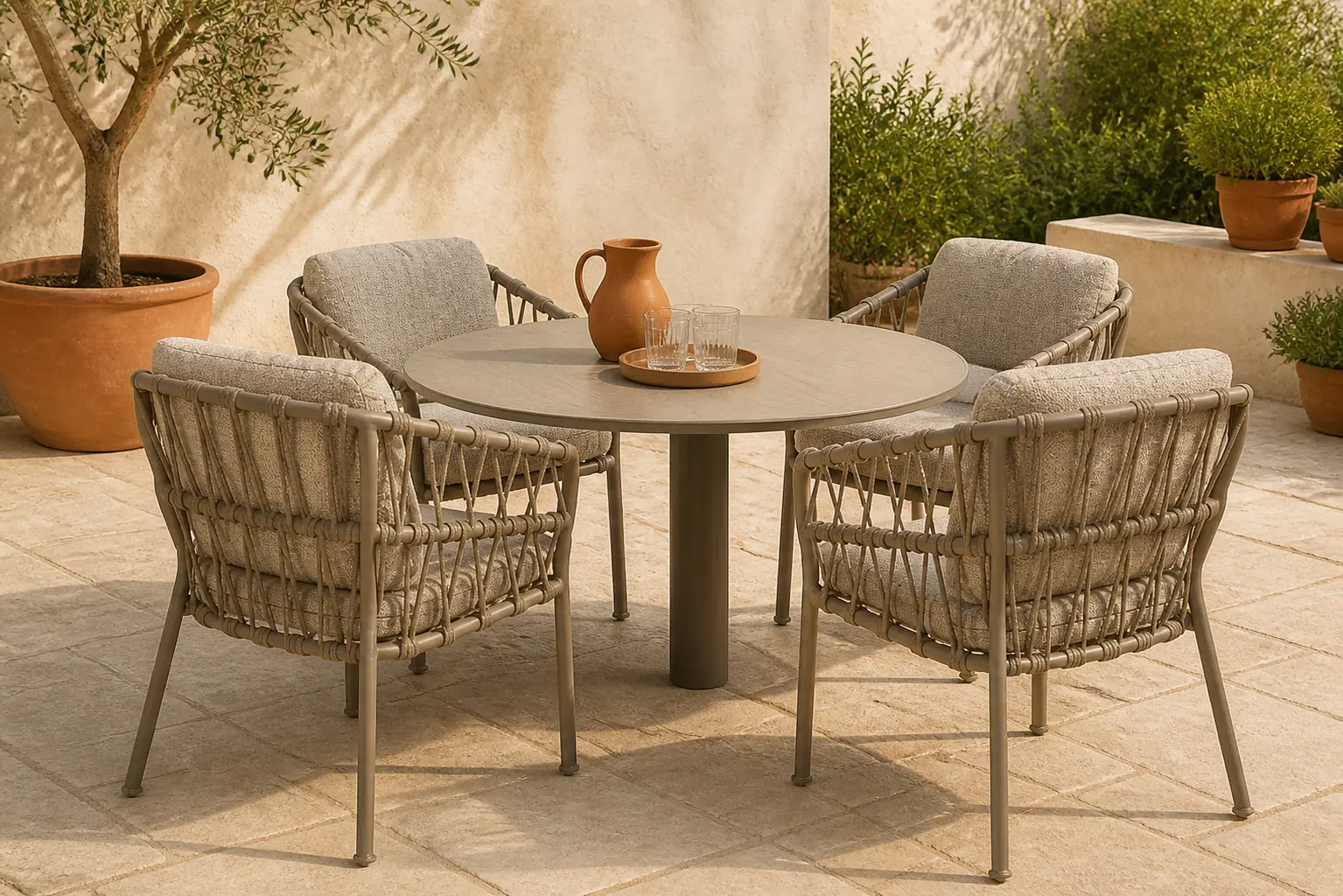 Sfeerfoto van Santika Furniture Miyora/Trino 140 cm dining tuinset 5-delig – Taupe-naturel-bruin
