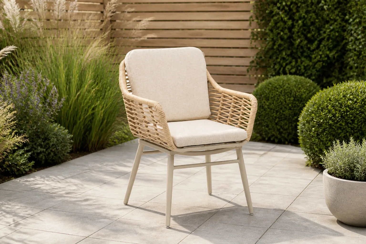 Sfeerfoto van Coco Antoni dining tuinstoel – Taupe-naturel-bruin