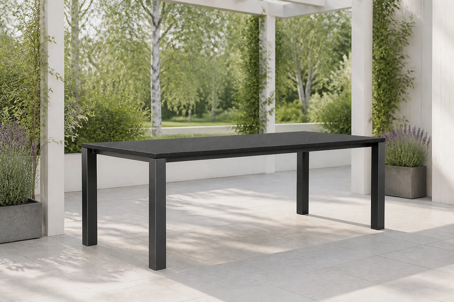 Sfeerfoto van Van Dijk Munster dining tuintafel 220 x 100 cm met Pearl Black blad – Transparant