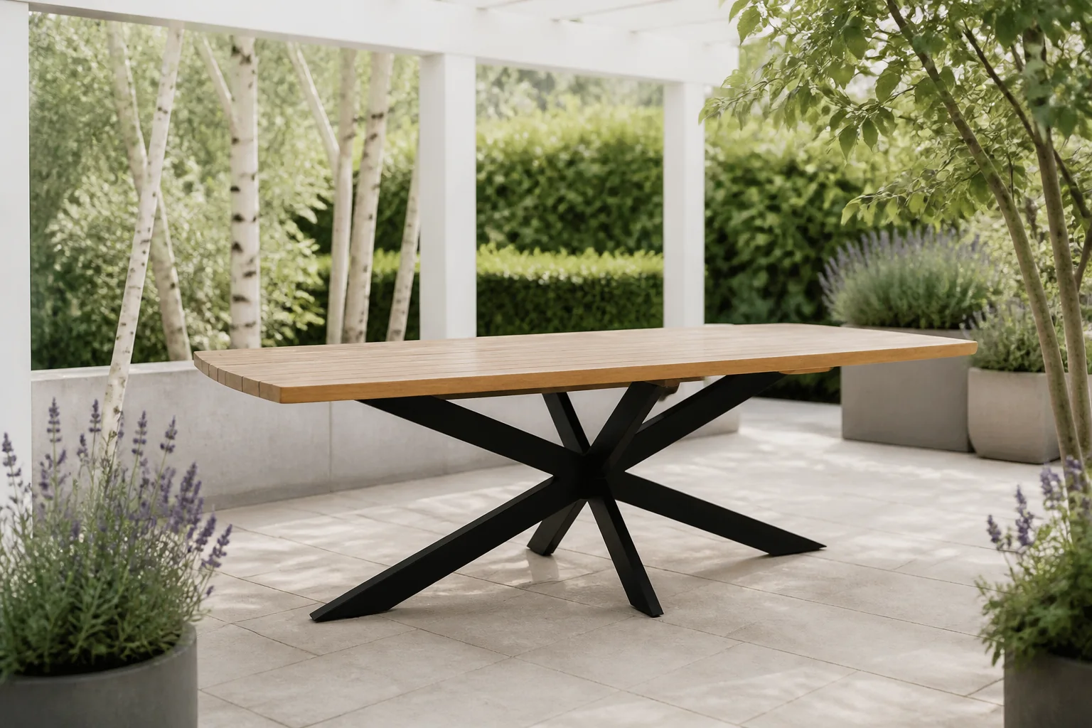 Sfeerfoto van LUX outdoor living Salo dining tuintafel 6 personen | hardhout + staal | teaklook | 240cm Deens ovaal – Dark teaklook
