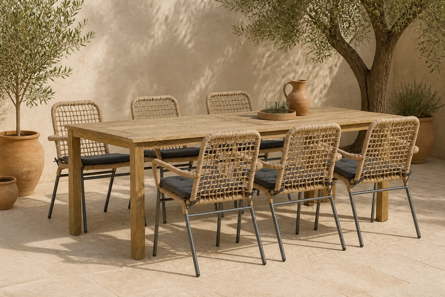 Sfeerfoto van De Laan Projects Laan Catalone/Weston 210 cm dining tuinset 7-delig – Taupe-naturel-bruin