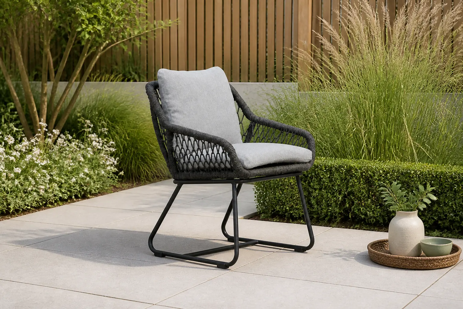 Sfeerfoto van BUITEN living Portofino dining tuinstoel | touw + aluminium | Stone Grey