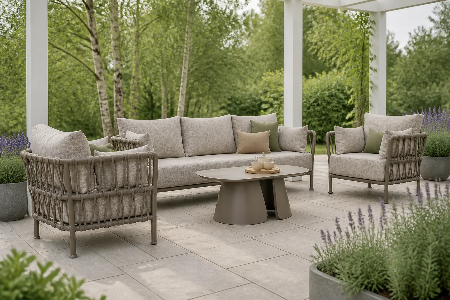 Sfeerfoto van Santika Furniture Miyora stoel-bank loungeset 4-delig – Taupe-naturel-bruin