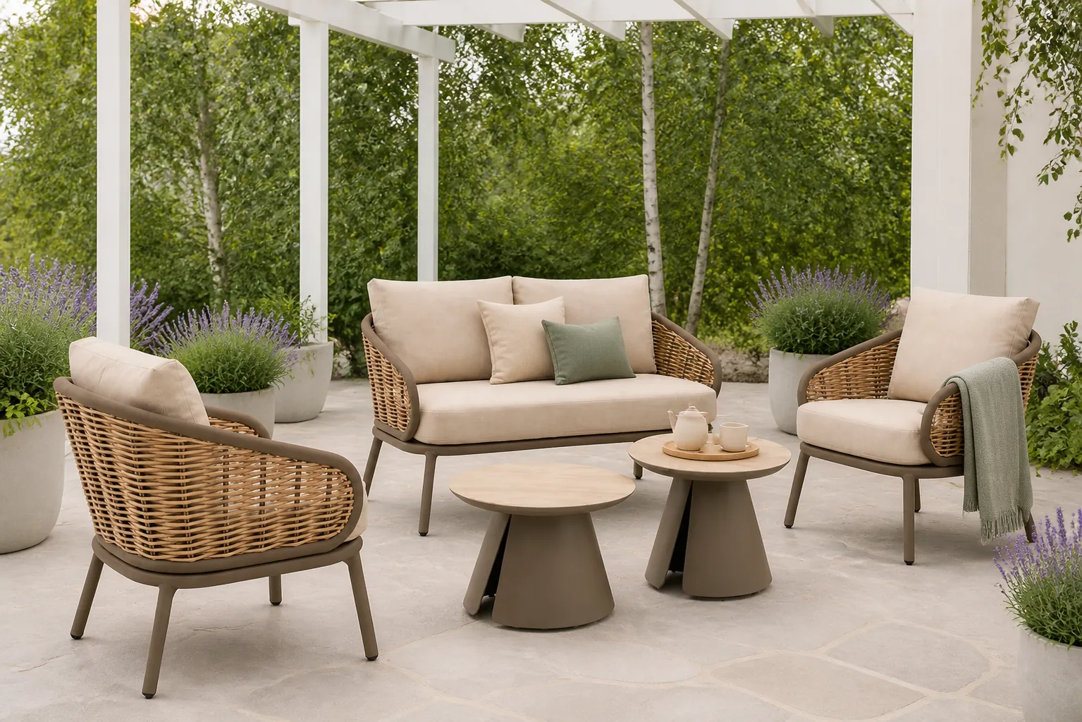 Sfeerfoto van Apple Bee Pine Key/Cayora 50/80 cm stoel-bank loungeset 5-delig – Taupe-naturel-bruin