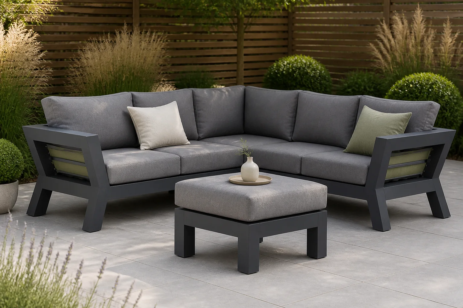 Sfeerfoto van Santika Furniture Yovita hoek loungeset 4-delig – Grijs-antraciet
