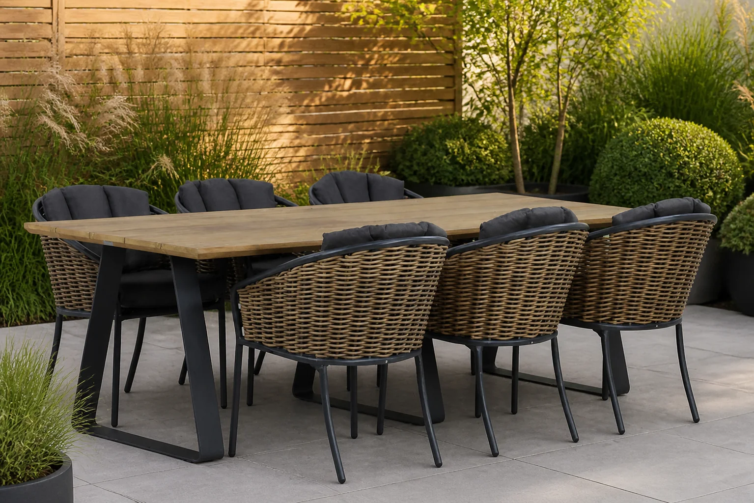 Sfeerfoto van Santika Furniture Tika/Palta 240 cm dining tuinset 7-delig – Grijs-antraciet