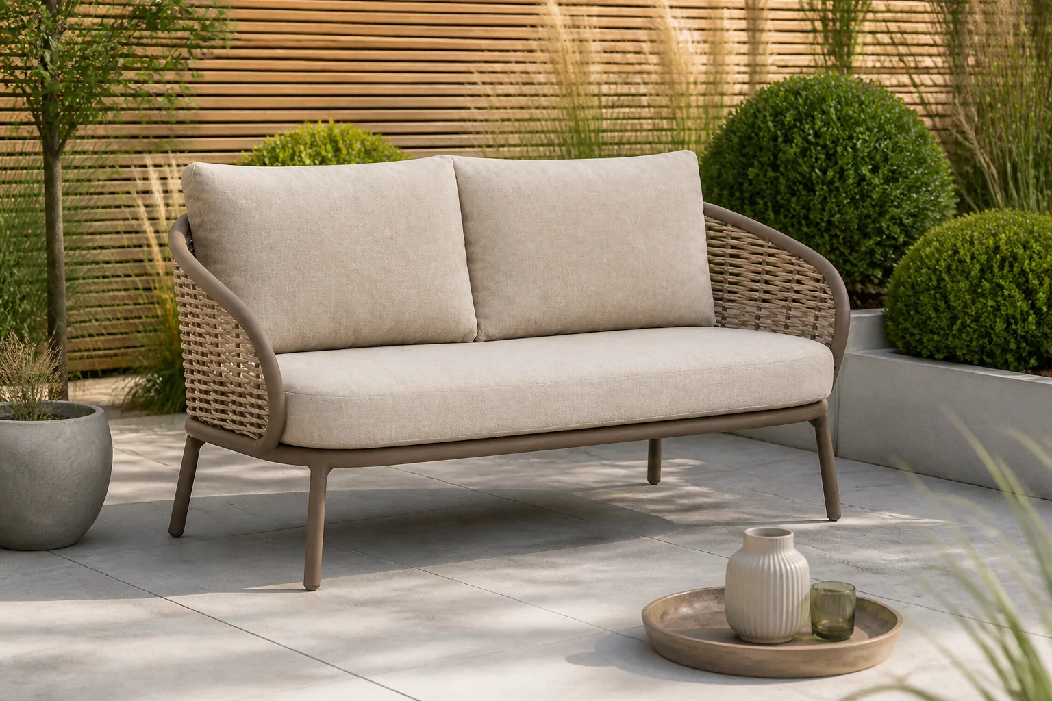 Sfeerfoto van Apple Bee Pine Key lounge tuinbank 2-zits – Taupe-naturel-bruin