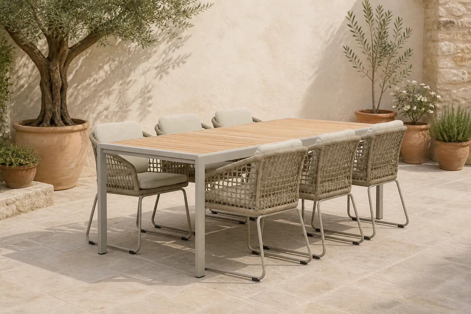 Sfeerfoto van LUX outdoor living Annecy beige/Tulum Sandstone dining tuinset | 6 personen | teakhout + touw | 227cm