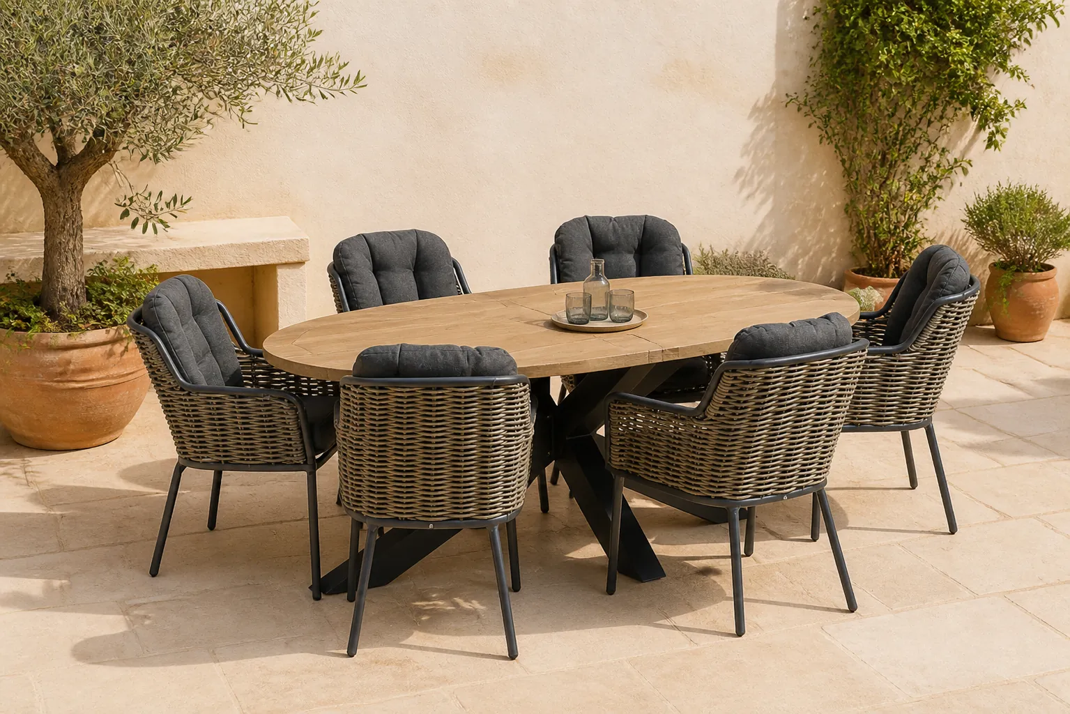 Sfeerfoto van Santika Furniture Fasano/Brookline 240 cm ovaal dining tuinset 7-delig – Grijs-antraciet