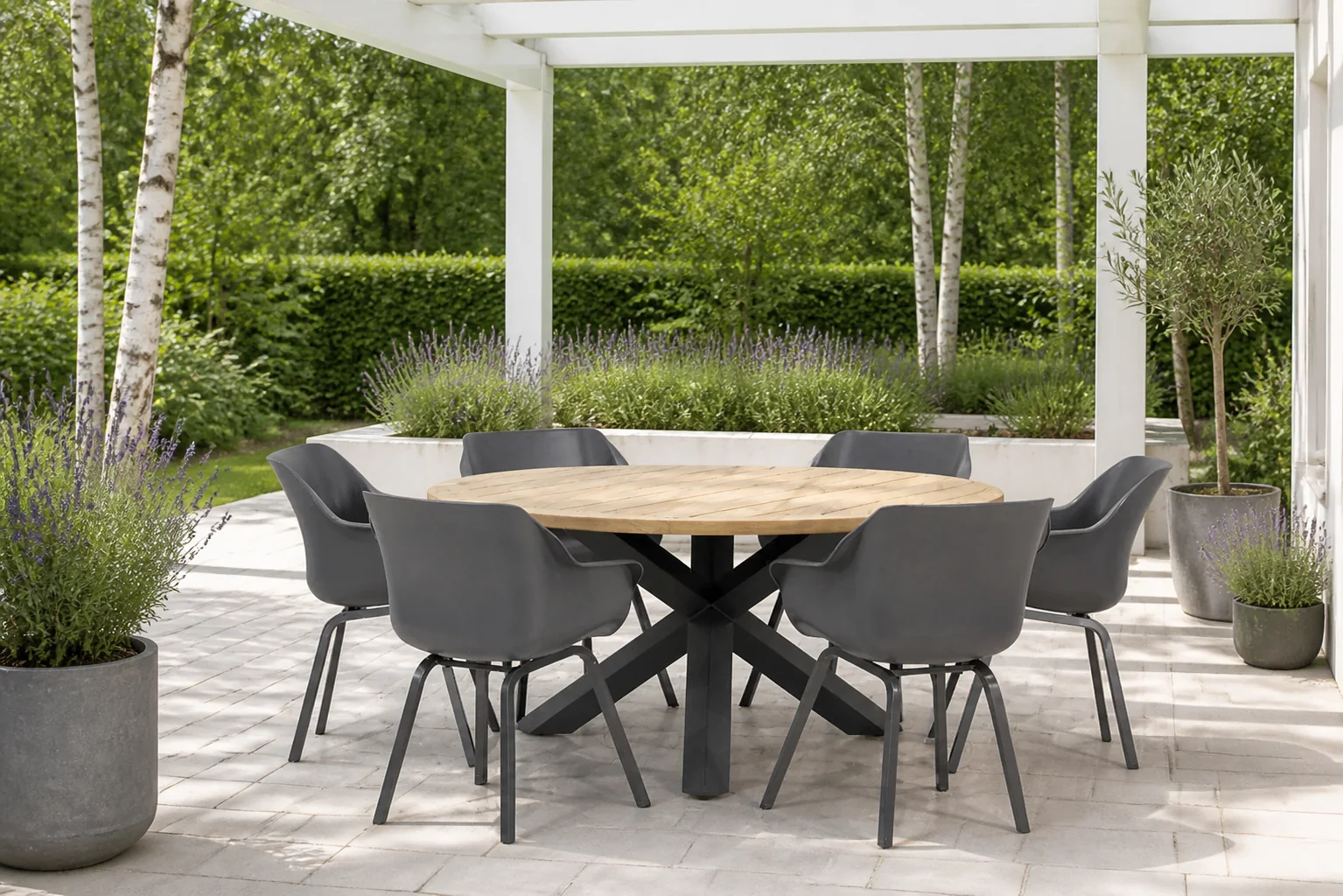 Sfeerfoto van Hartman Sophie element/Rockville 160 cm rond dining tuinset 7-delig – Grijs-antraciet