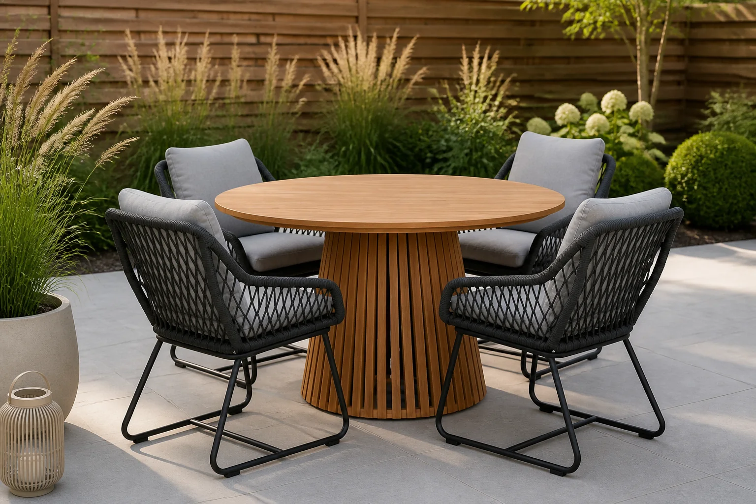Sfeerfoto van BUITEN living Palau/Portofino Stone Grey dining tuinset | 4 personen | teakhout + touw | Ø120cm rond – Natural Teak