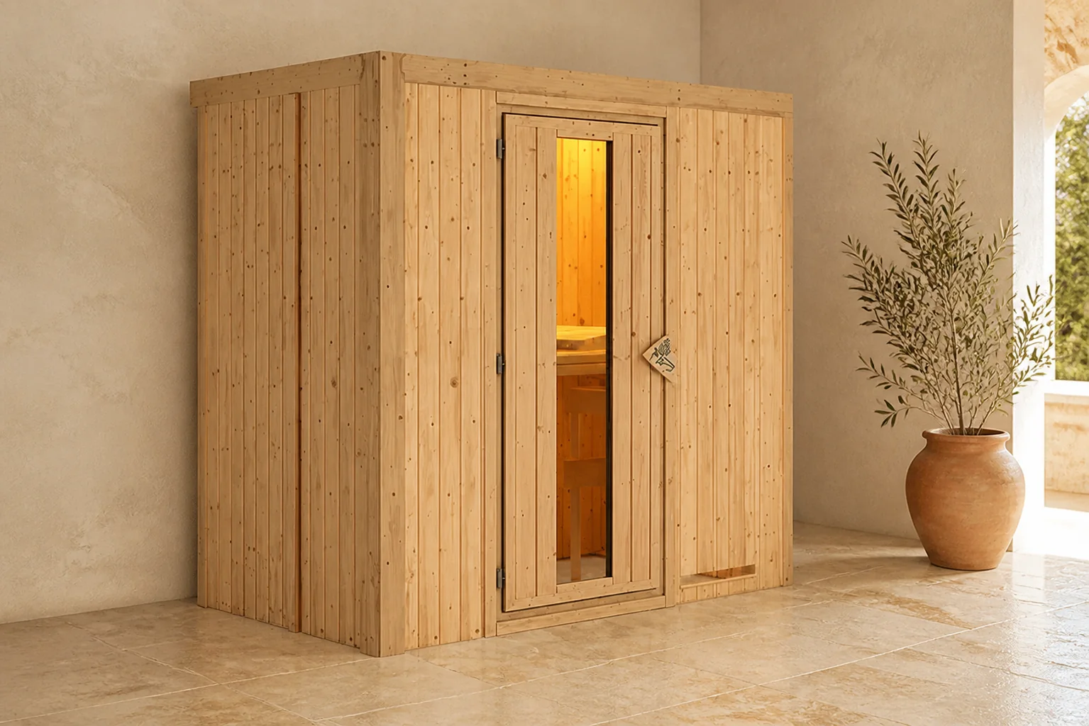Sfeerfoto van Karibu | Nanja Sauna met Dakkraag | Helderglas Deur | Biokachel 3,6 kW Externe Bediening