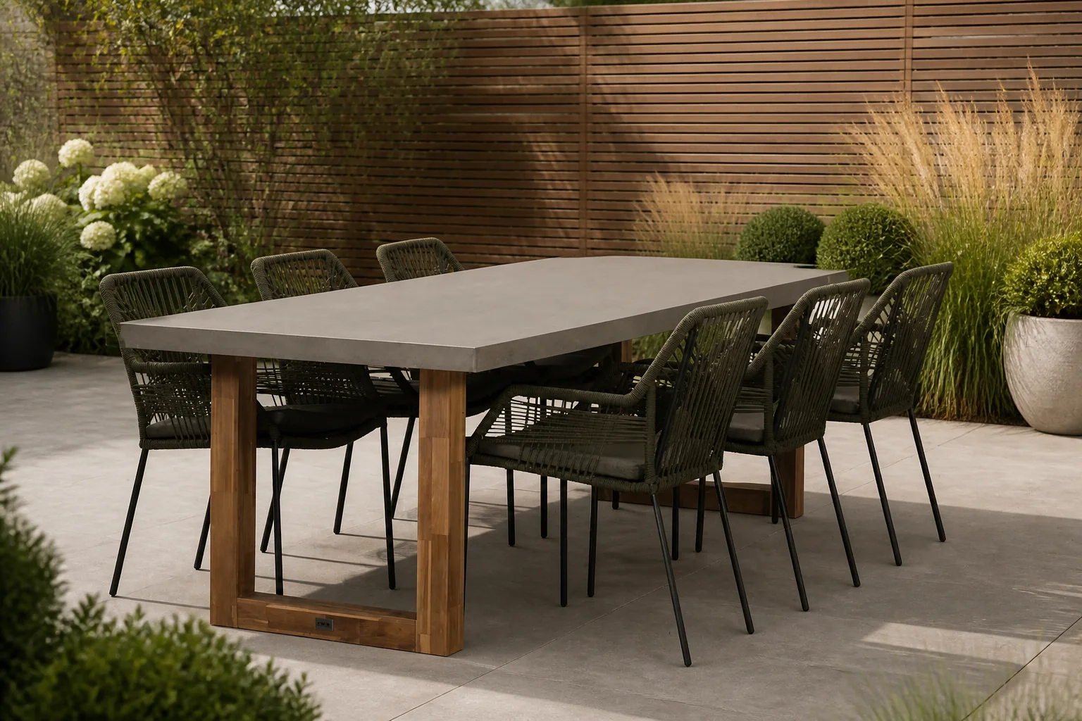 Sfeerfoto van BUITEN living Lausanne/Seville olijfgroen dining tuinset | 6 personen | betonlook + touw | 250cm – Antraciet