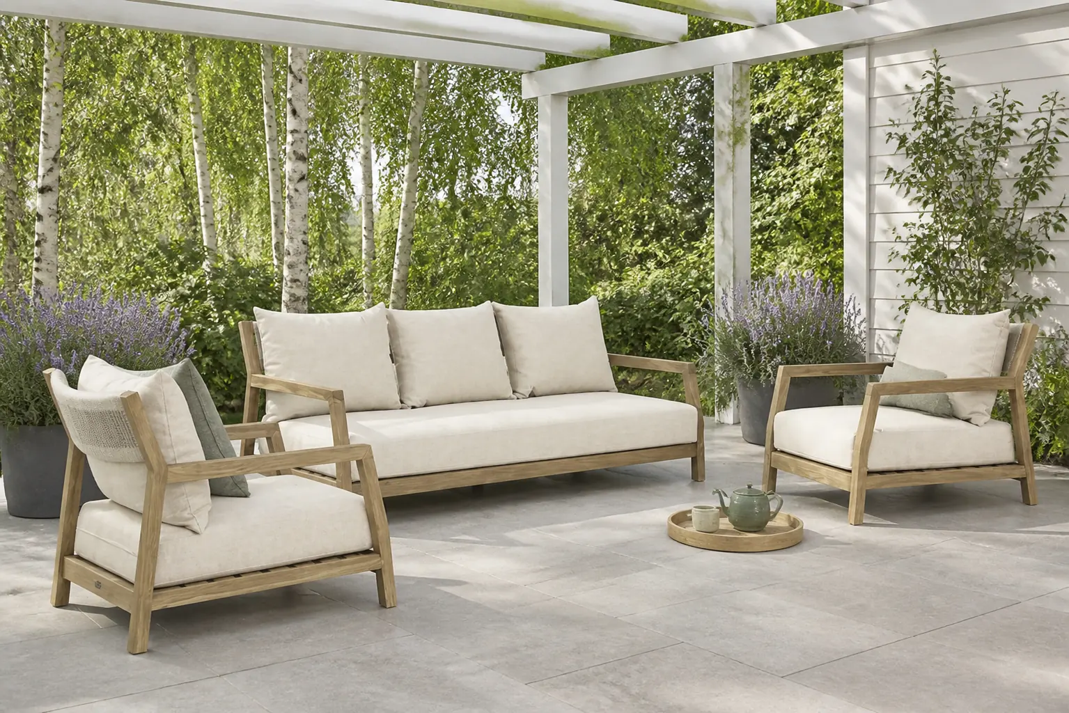 Sfeerfoto van Santika Furniture Suka stoel-bank loungeset 3-delig – Old teak greywash