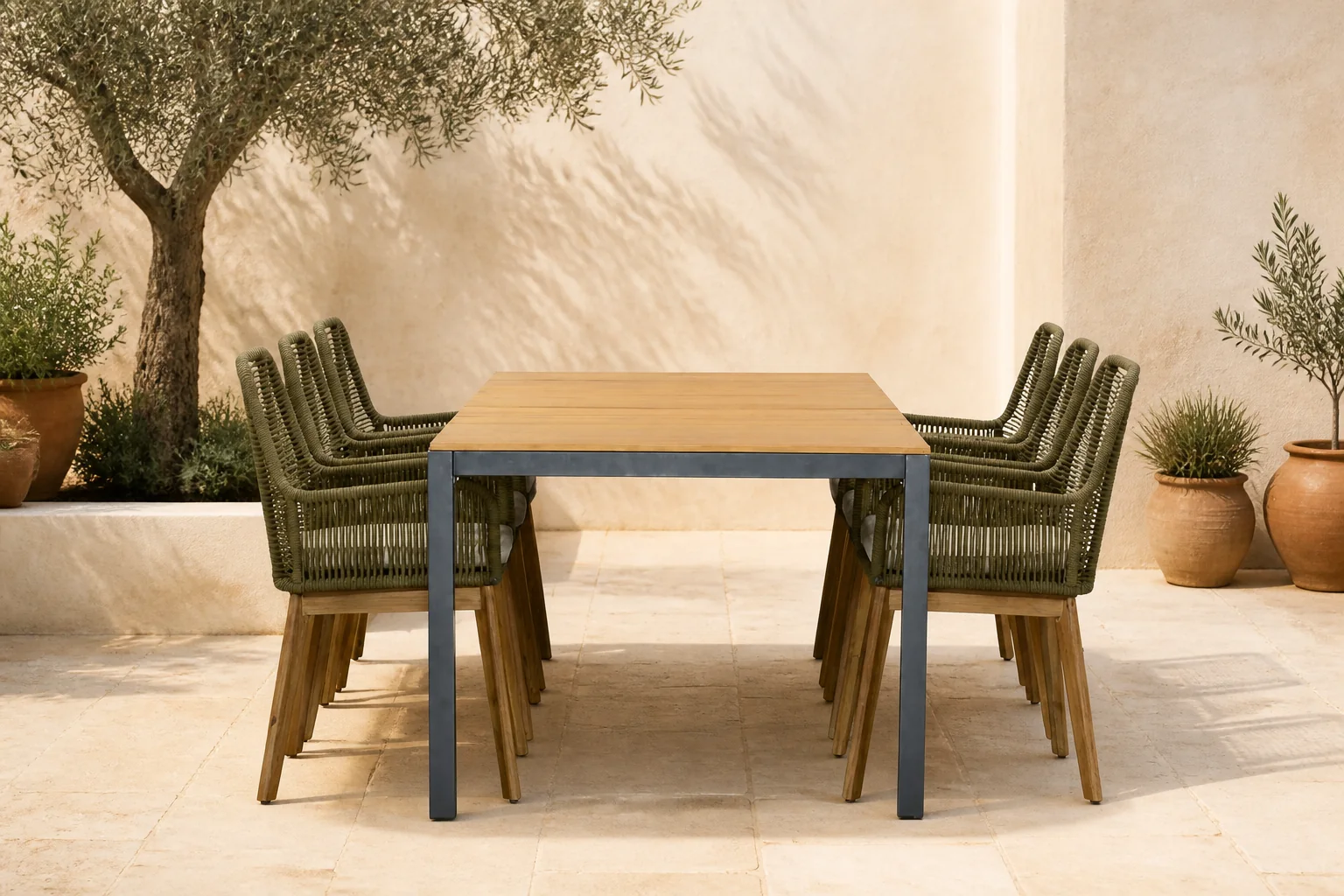 Sfeerfoto van LUX outdoor living Delta/Padua olijfgroen dining tuinset | 6 personen | teakhout + touw | 220cm