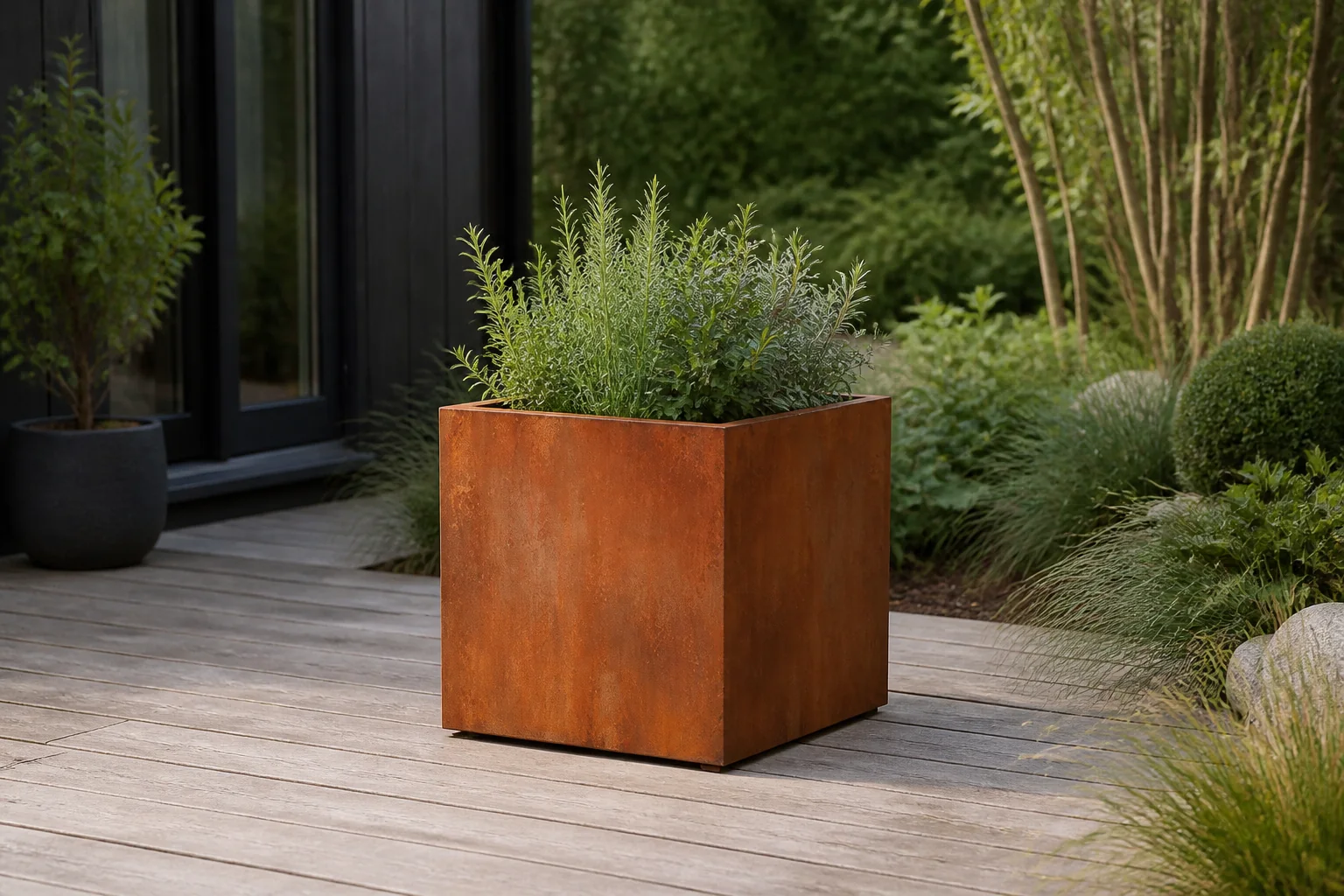 Sfeerfoto van Geroba Plantenbak Quadra roestkleurig 60x60x60 cm – bruin