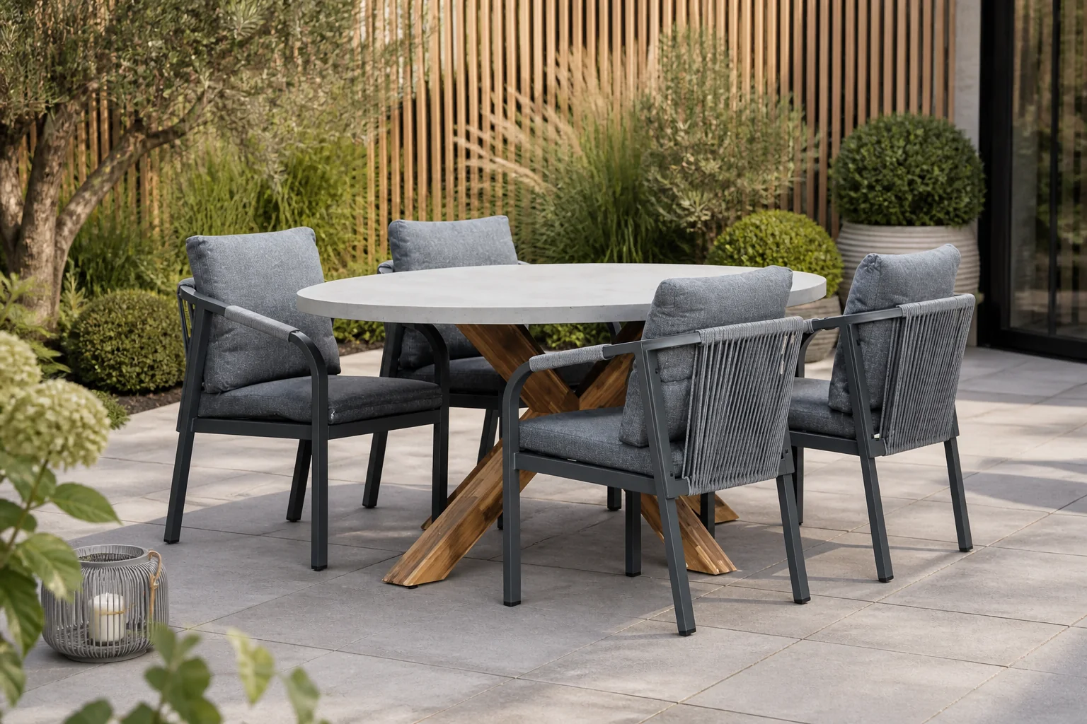 Sfeerfoto van BUITEN living Livorno/Calgary antraciet dining tuinset | 4 personen | betonlook + touw | 200cm ovaal – Light Teak, Betonlook, Antraciet