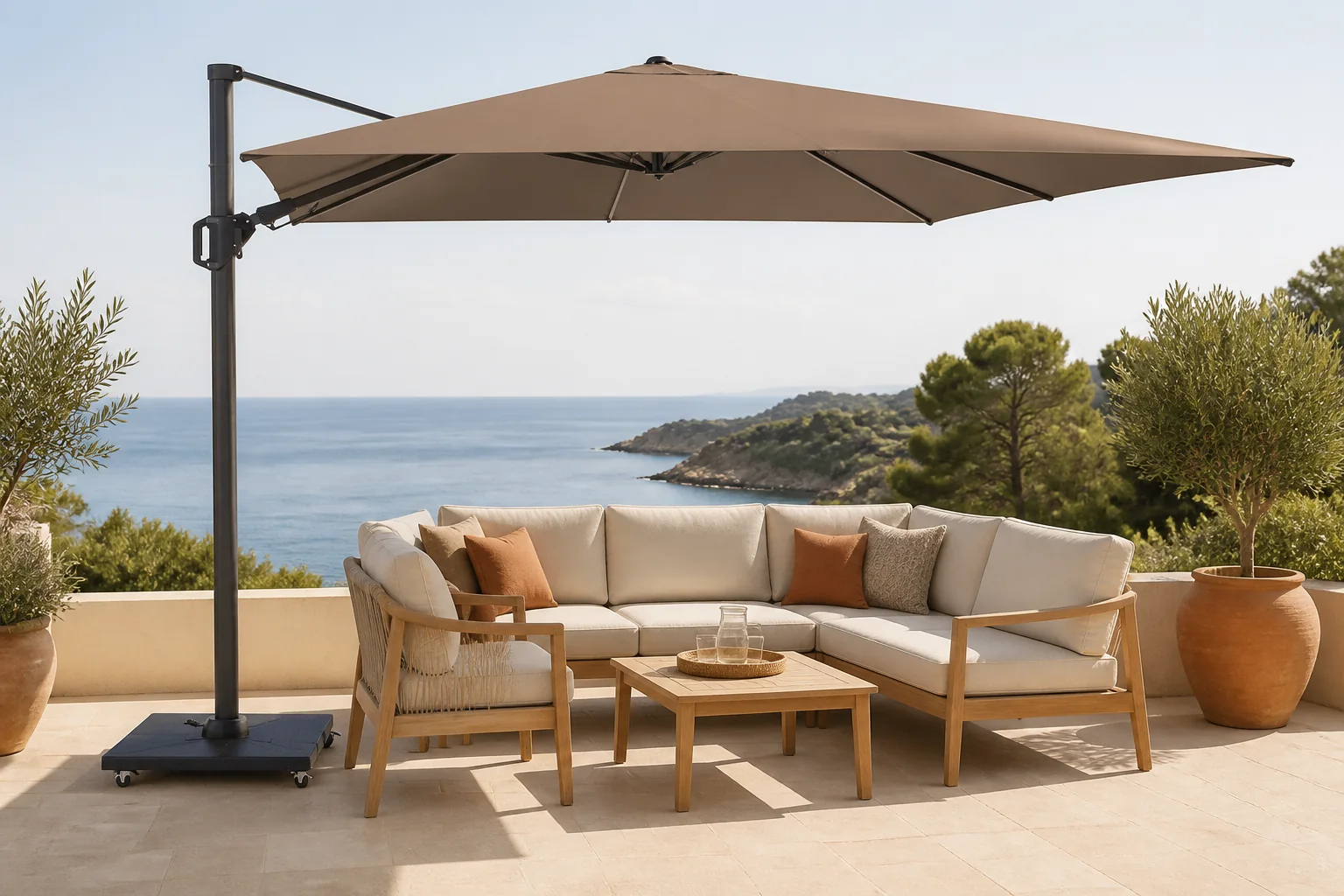 Sfeerfoto van Platinum Challenger T² Glow zweefparasol premium doek | 300x300cm | Havana – Taupe – Naturel – Bruin