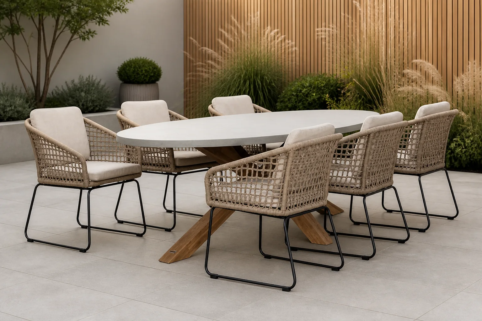 Sfeerfoto van BUITEN living Livorno/Tulum Sahara Dust dining tuinset | 6 personen | betonlook + touw | 240cm ovaal – Zand