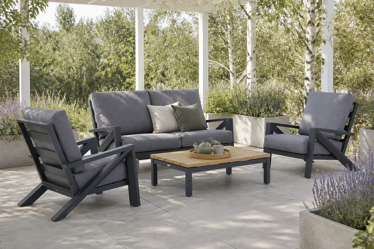 Sfeerfoto van Santika Furniture Cinta/Riviera 120 cm stoel-bank loungeset 4-delig – Grijs-antraciet