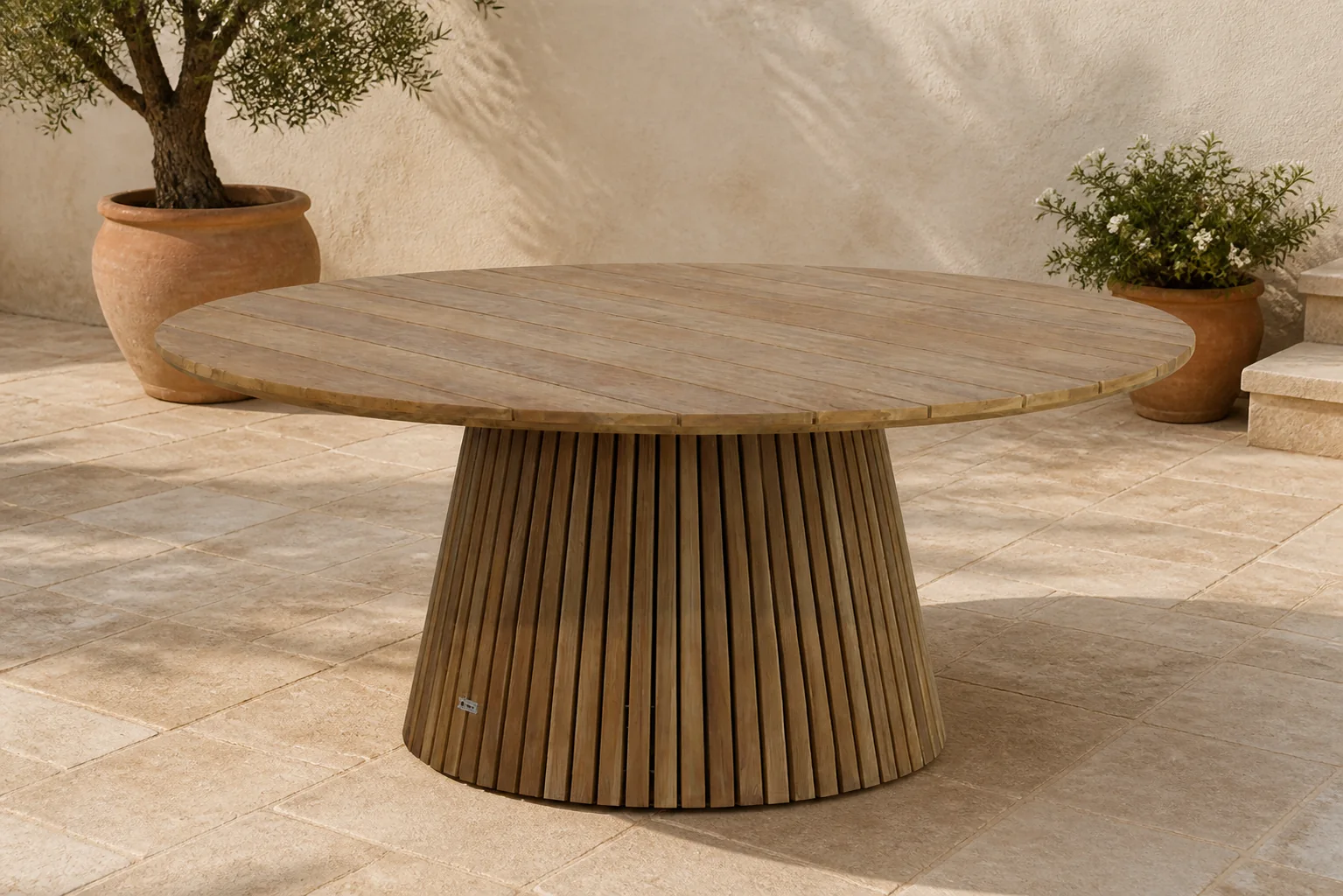 Sfeerfoto van Coco Fungo dining tuintafel 180 cm Ø – Old teak greywash