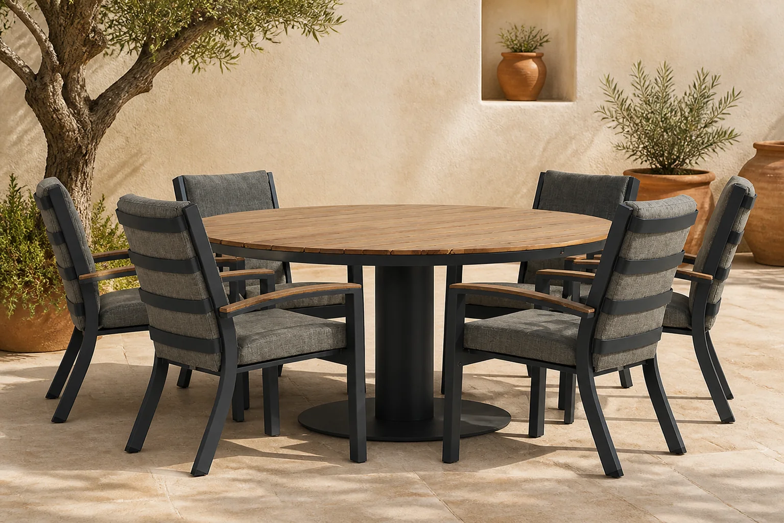 Sfeerfoto van Osmen Midura/Salerno 160 cm dining tuinset 7-delig – Grijs-antraciet