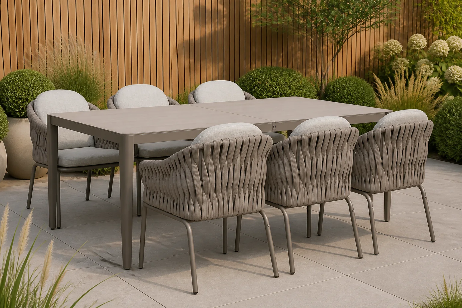Sfeerfoto van Santika Furniture Amadora/Livo 210×100 cm dining tuinset 7-delig – Taupe-naturel-bruin