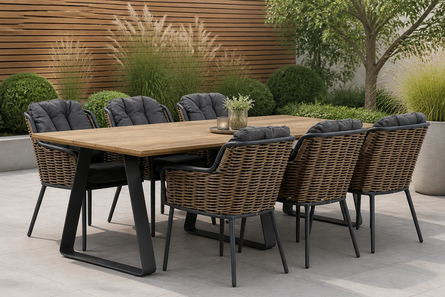 Sfeerfoto van Lifestyle Garden Furniture Santika Fasano/Palta 240 cm dining tuinset 7-delig – Grijs-antraciet