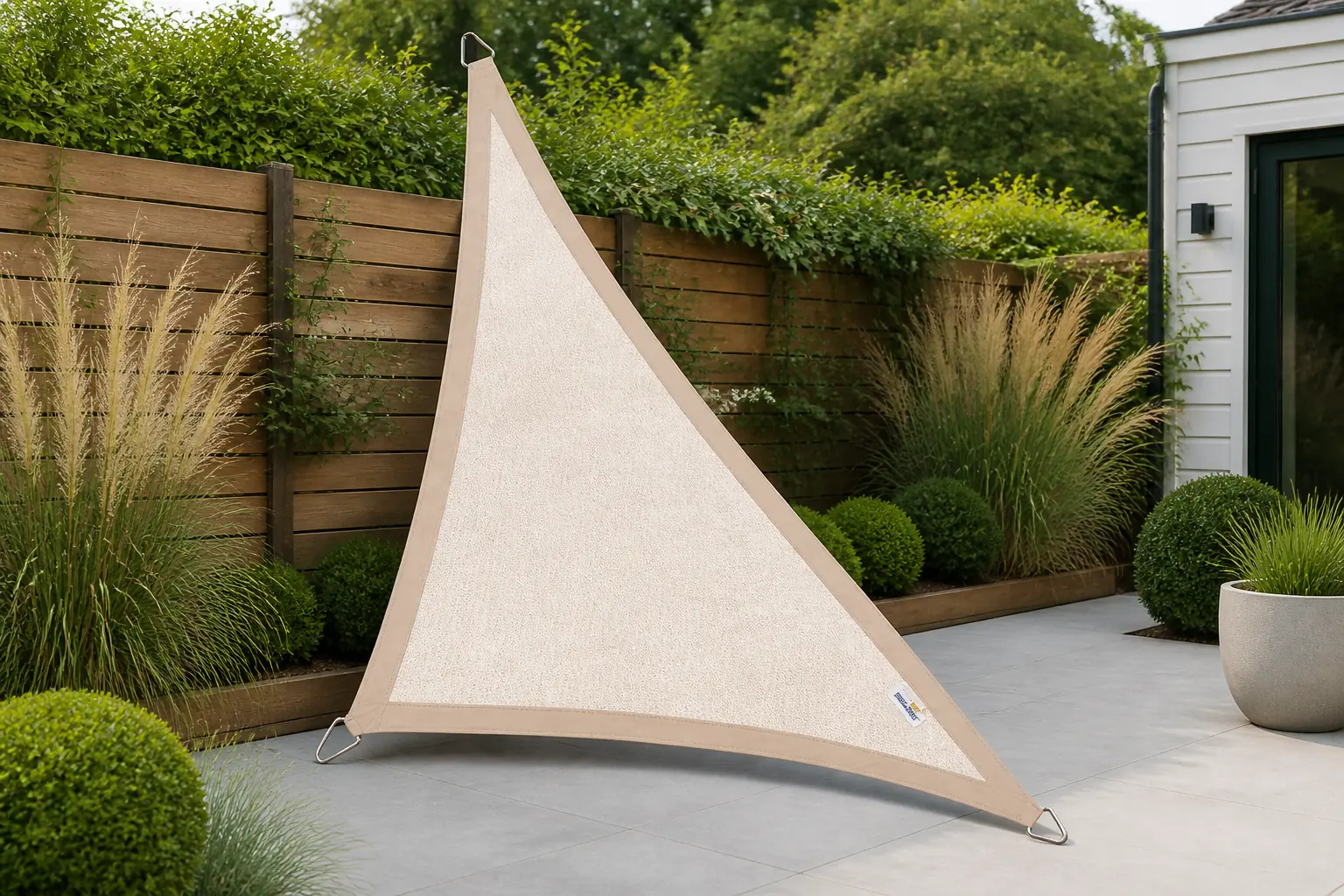 Sfeerfoto van Platinum Sun & Shade | Coolfit Schaduwdoek Driehoek 90° 500 x 500 x 710 cm | Sand
