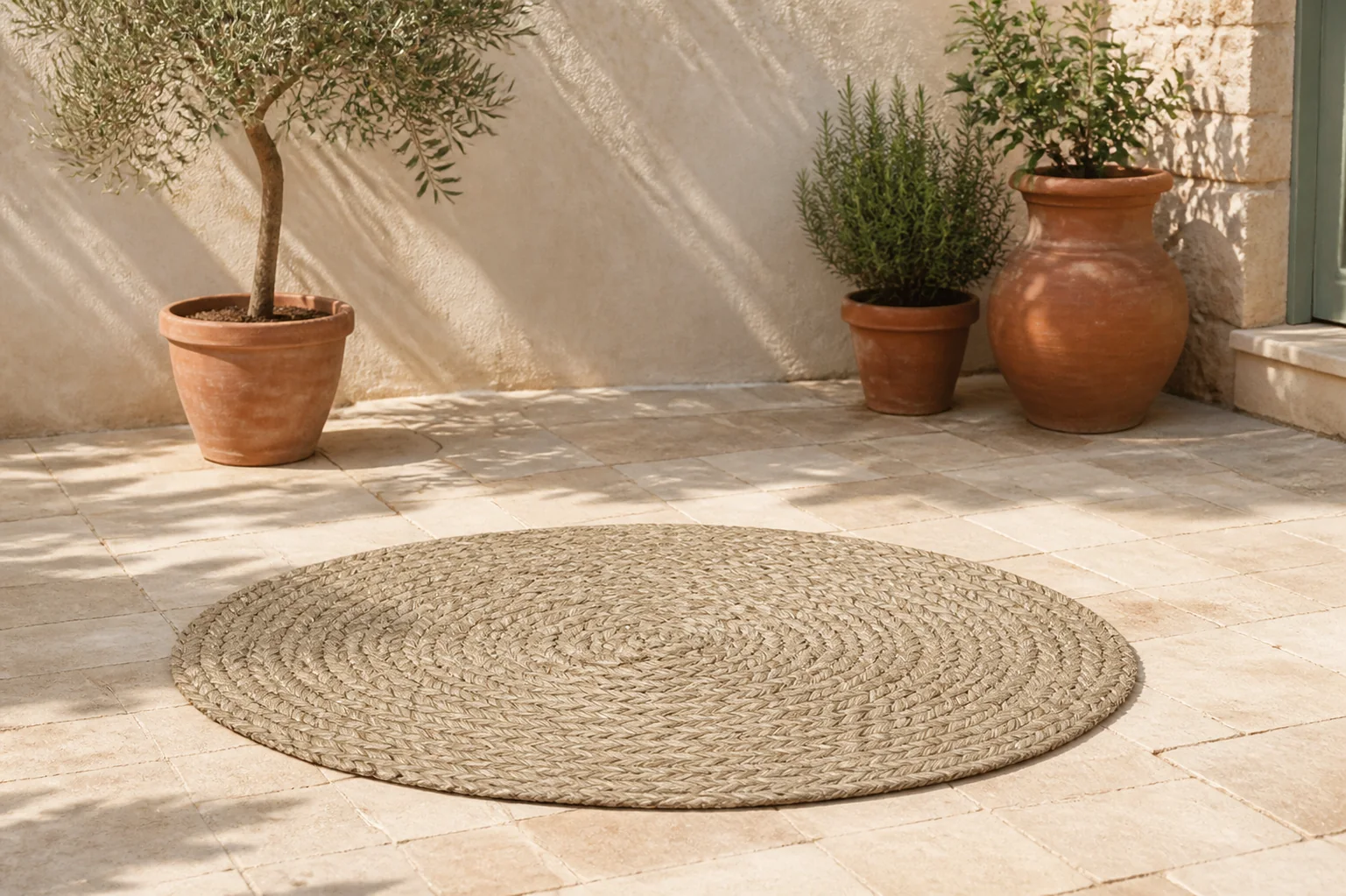 Sfeerfoto van Apple Bee | Swirl Outdoor Vloerkleed Ø300 cm | Sand