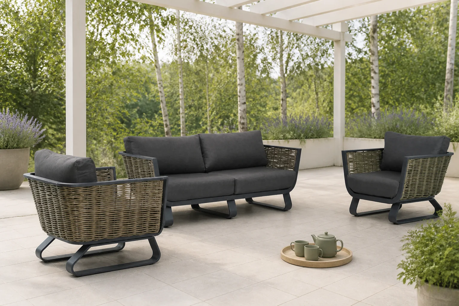 Sfeerfoto van Santika Furniture Tika stoel-bank loungeset 3-delig – Grijs-antraciet
