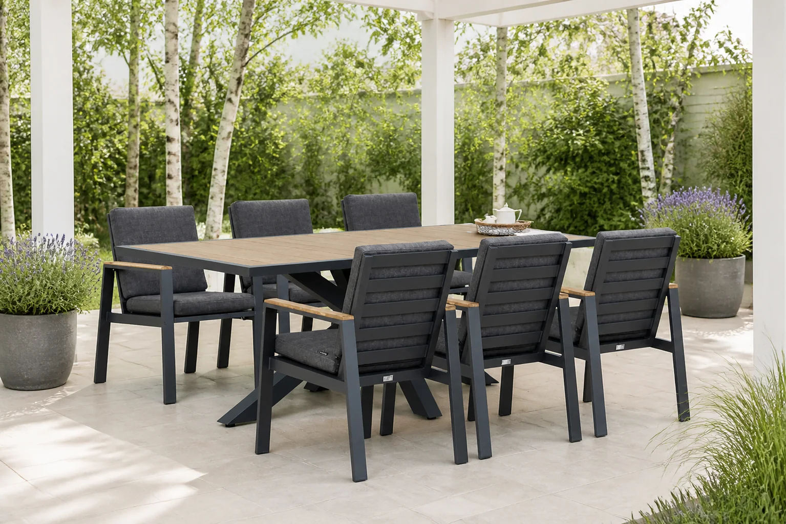 Sfeerfoto van Lifestyle Garden Furniture Marietta/Palermo 215 cm dining tuinset 7-delig – Grijs-antraciet