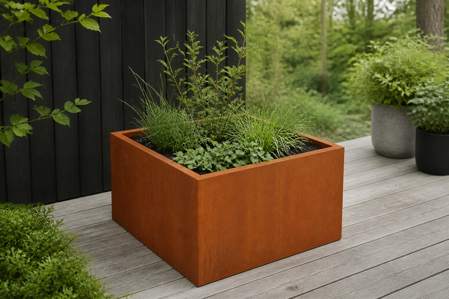 Sfeerfoto van Geroba Artesa Rechthoekige plantenbak cortenstaal L120 x B120 x H80 cm zonder bodem – bruin