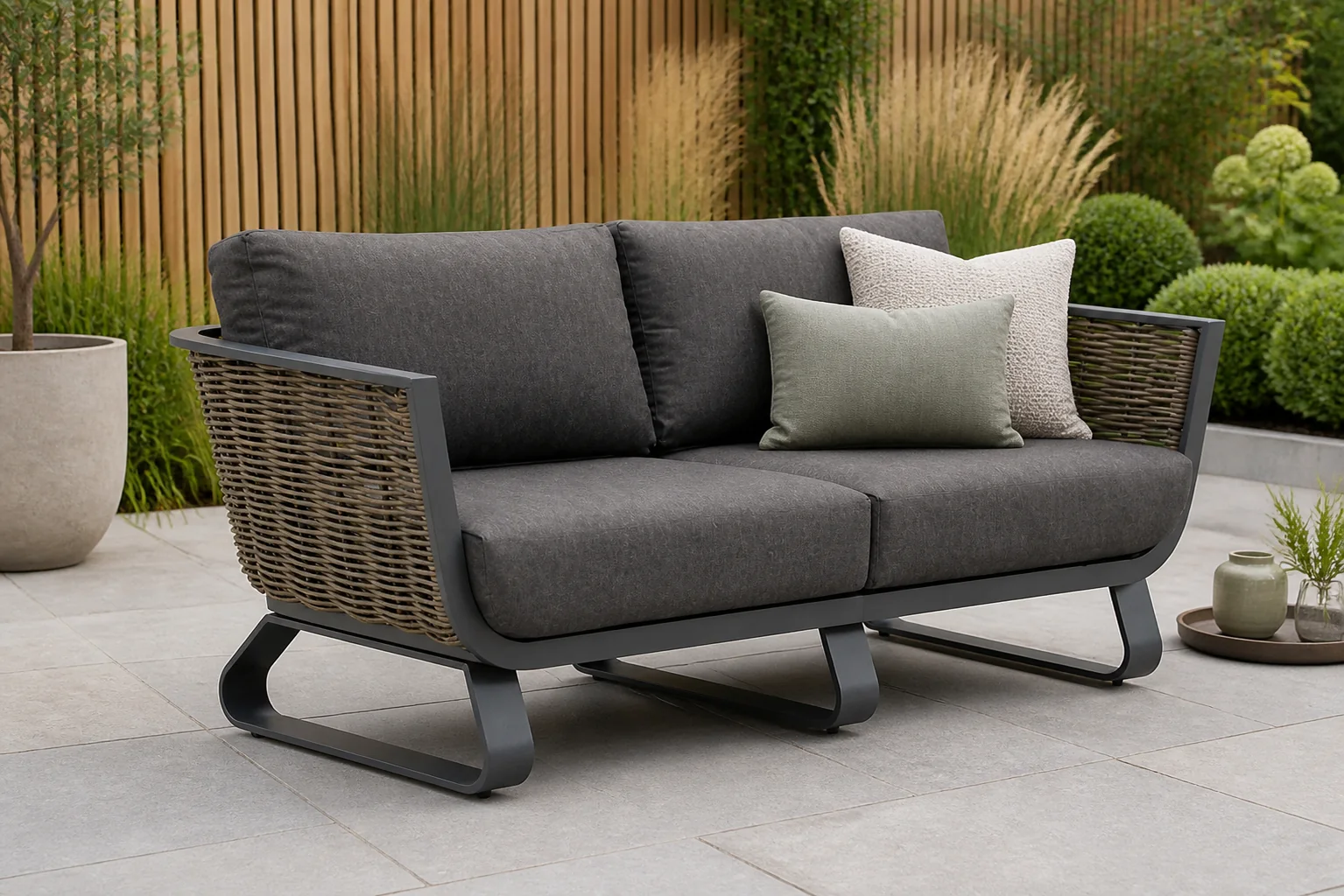 Sfeerfoto van Santika Furniture Tika lounge tuinbank 2,5-zits – Grijs-antraciet